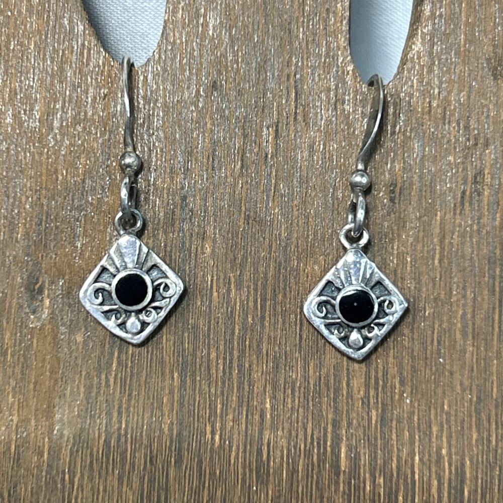 Sterling .925 Earrings 1 1/8” Poma Drop Jewelry Black Round Stone Drop Pierced